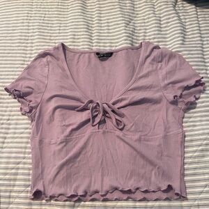 Romwe Purple Lettuce Trim Tie Front Crop Top